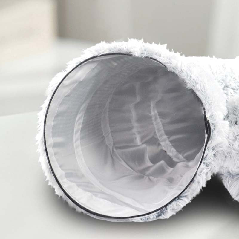 Plush cat bed with a tunnel for indoor cats, featuring a collapsible donut design for playing and sleeping.