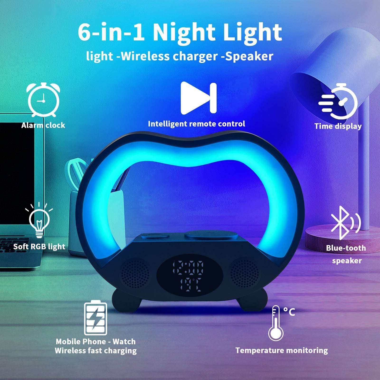 2024 New 6 In 1 Smart Remote Control Bluetooth-compatible Ambience Intelligent LED Table Lamp Multi-function Wireless Charger Night Light Bluetooth-compatible Speaker - Gadget Aliens