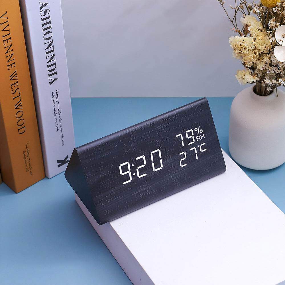 Electronic Alarm Clock Multifunctional Digital Display Temperature And Humidity Time Wood - Gadget Aliens