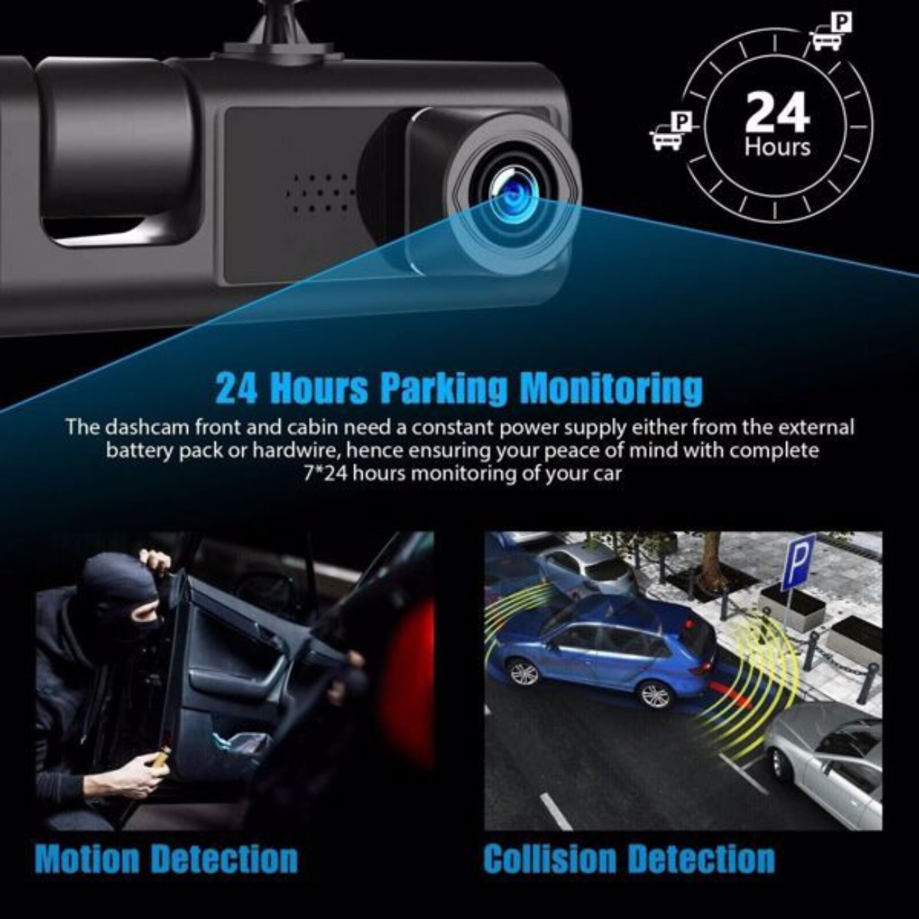 "High-quality dash cam recording continuous footage of the road, providing 24-hour monitoring for enhanced security and peace of mind."