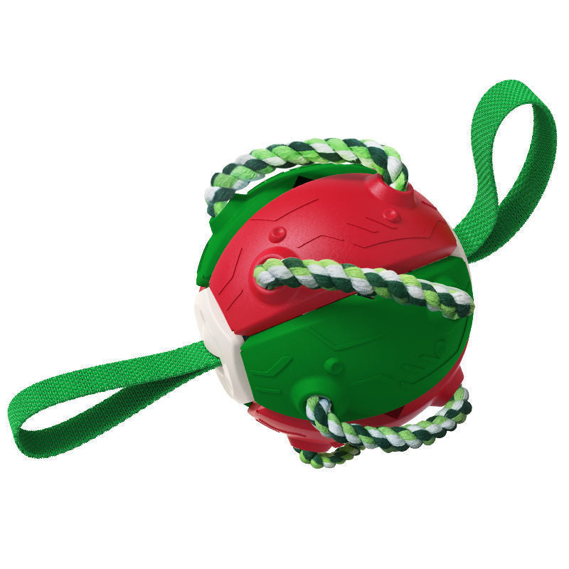 Red and green ball with a rope on a white background