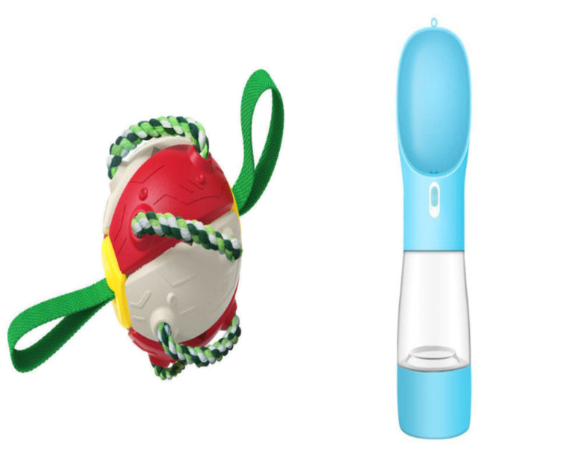 Colorful dog toy with a rope and a blue electronic device on a white background