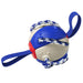 Dog toy with a blue and red ball and rope on a white background
