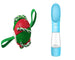Red and green dog toy with a rope and a blue water bottle on a white background