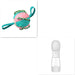 Teal and pink dog toy with a rope and a white spray bottle on a white background