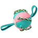 Pink and teal ball with a rope on a white background