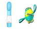 Blue and yellow pet toy with a handle on a white background