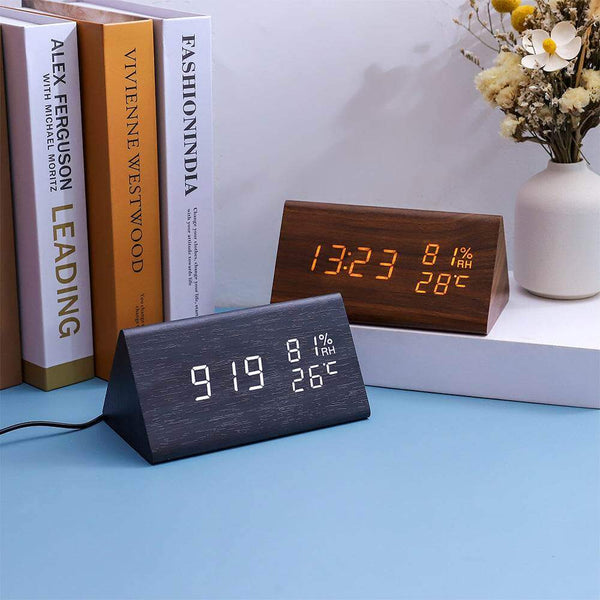 Electronic Alarm Clock Multifunctional Digital Display Temperature And Humidity Time Wood - Gadget Aliens 
