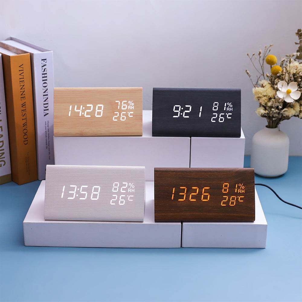 Electronic Alarm Clock Multifunctional Digital Display Temperature And Humidity Time Wood - Gadget Aliens