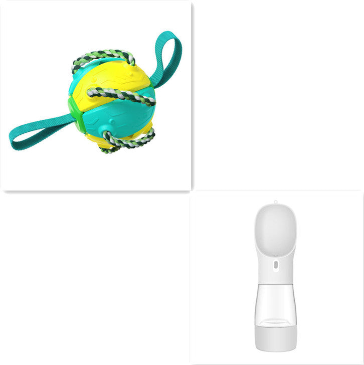 Yellow and green ball with teal handle and white water bottle on a white background