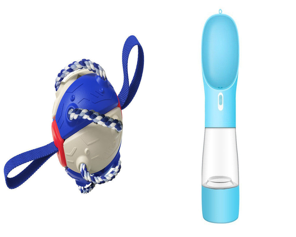 Blue and red dog toy with rope and a blue water bottle on a white background