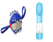 Blue and red dog toy with rope and a blue water bottle on a white background