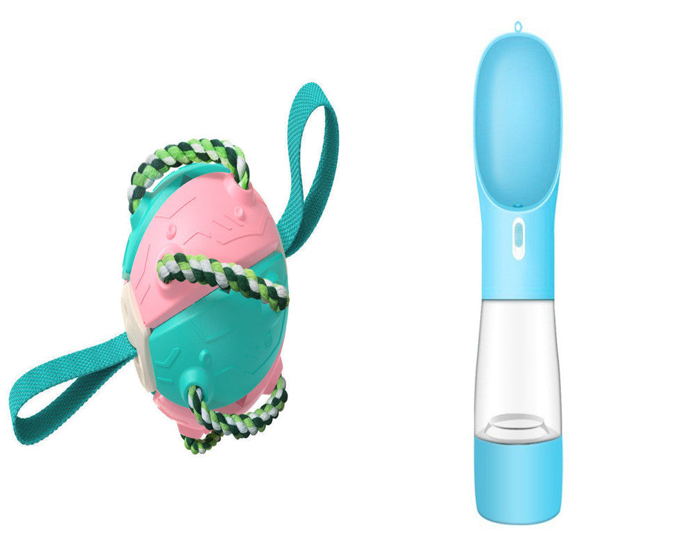 Pink and teal dog toy with rope and blue water bottle on a white background