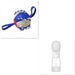 Collage of a blue and white dog toy with a strap and a white handheld device on a white background.
