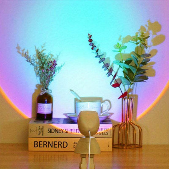 Rainbow Sunset Light Projector Lamp Atmosphere Led Night Light Romantic Mood Light Projector For Home Room Background Wall Decor Cute Robot Night Light Perfect For Home Decor - Gadget Aliens 