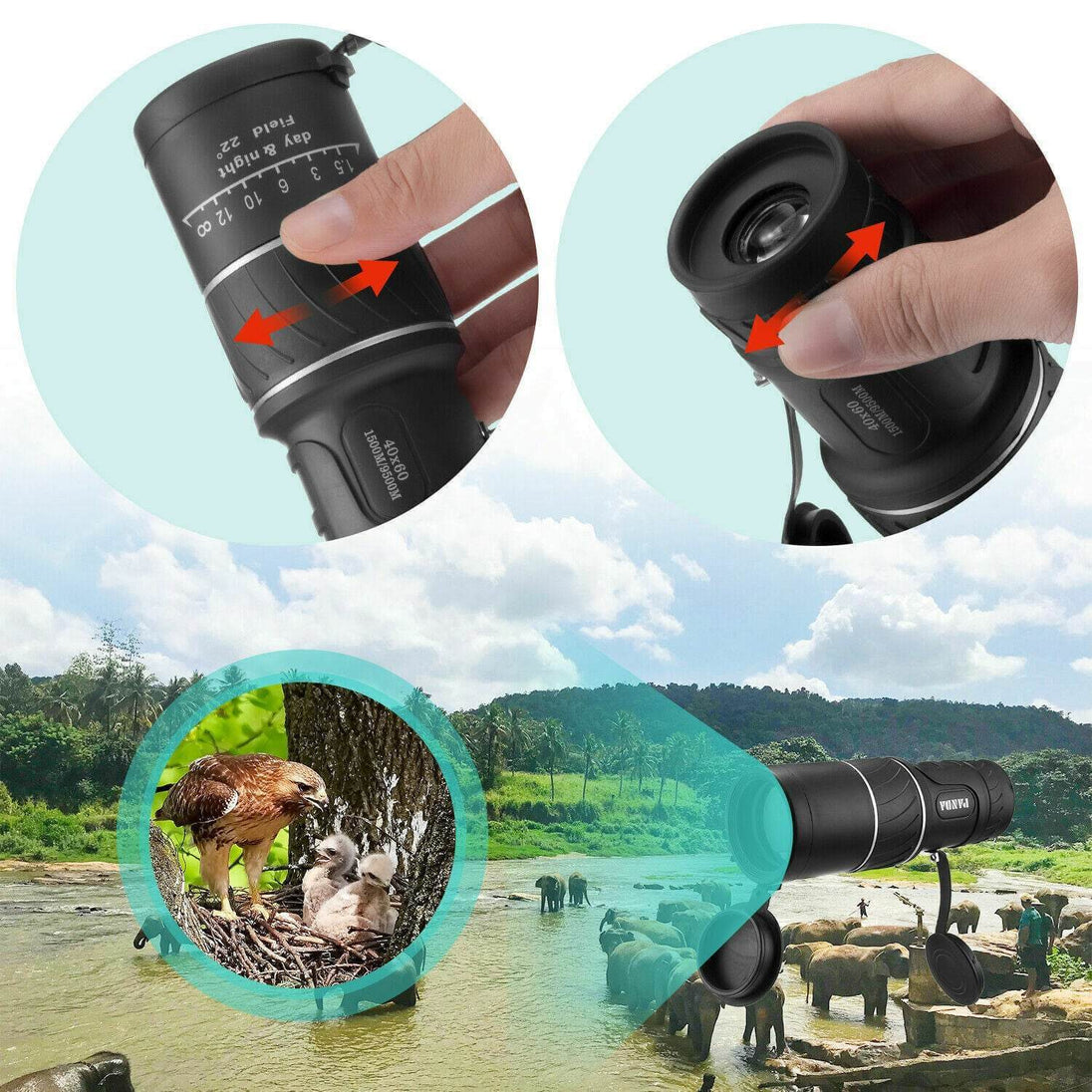 40x60 Day Night Vision HD Optical Monocular Hunting Camping Handheld Telescope Life Waterproof, Anti-Fog Monocular Suitable For Observing Nature Animals - Gadget Aliens
