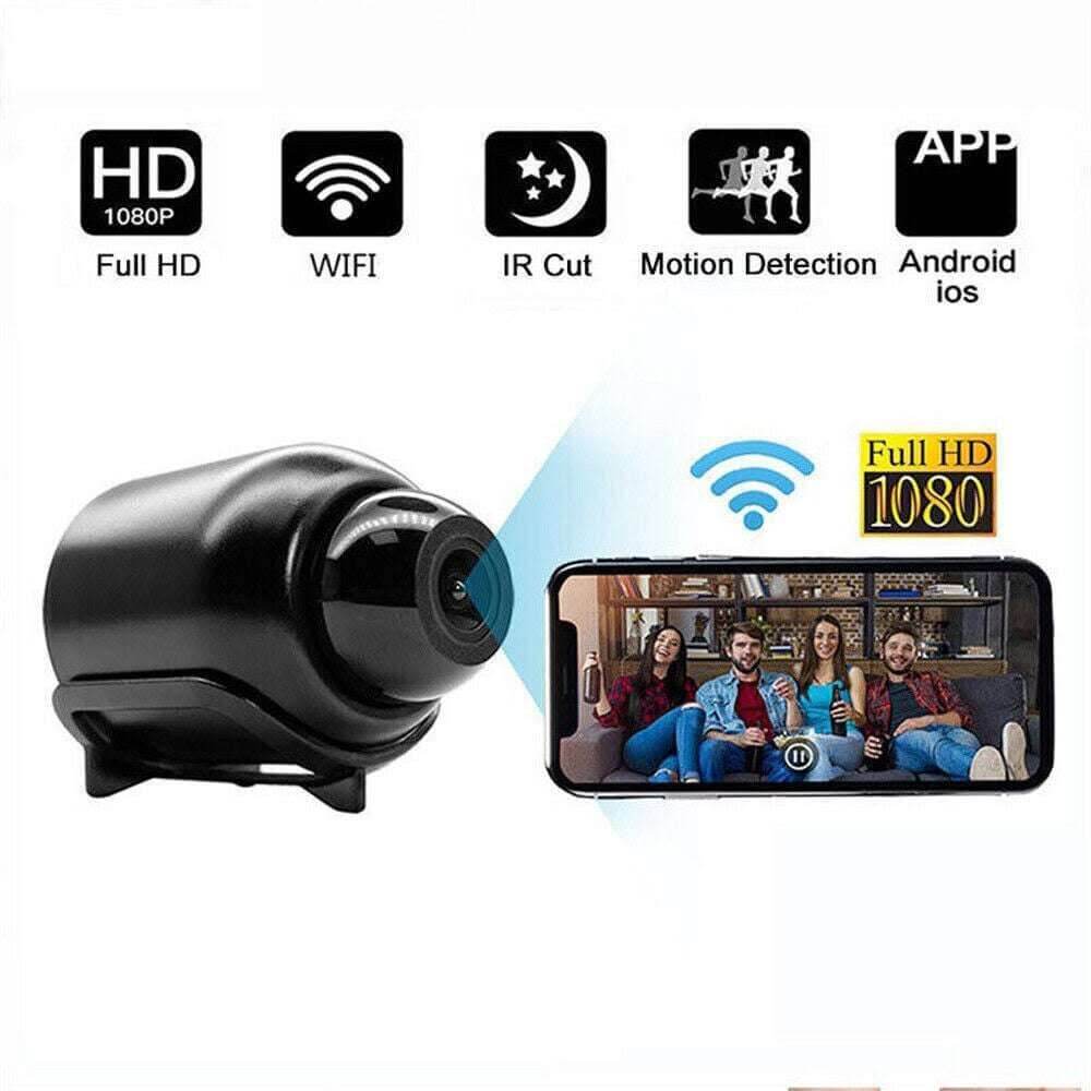 Compact smart camera featuring Full HD resolution, WiFi connectivity, infrared night vision (IR Cut), motion detection, and app control—displayed on a white background.